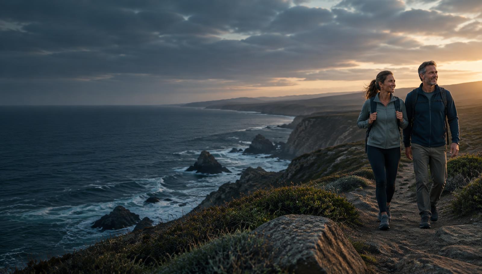 Couple walking together along a coastal trail